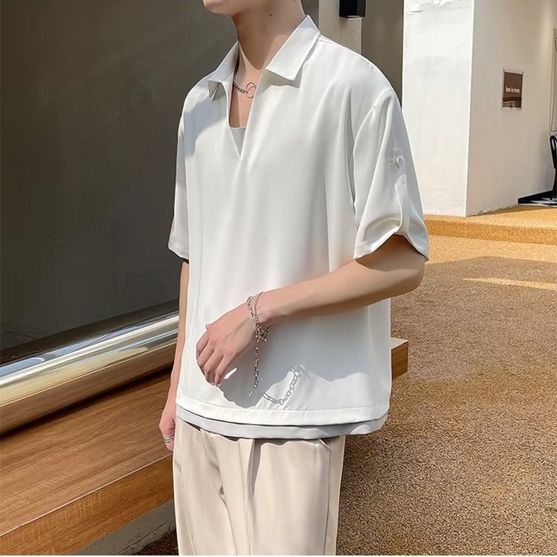 Áo Thun polo Giả Hai Mảnh Dáng Rộng Tay Ngắn Màu Trơn Vải Lụa Lạnh Cao Cấp Phong Cách Hàn Quốc Thời Trang Mùa Hè Hàng Mới 2022 Dành Cho Bạn Nam