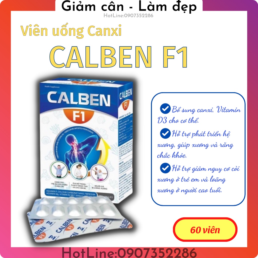 Viên uống canxi CALBEN F1 hỗ trợ bổ sung canxi cho bà bầu, trẻ em còi xương và loãng xương ở người già, hộp 30 viên.