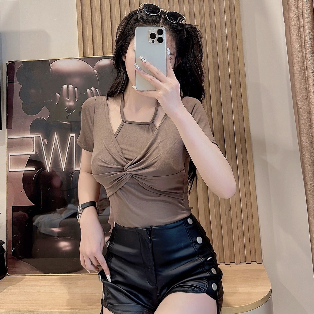 Áo thun kiểu cổ yếm xoắn ngực sexxy, Áo phông dáng ôm co giãn AT6420 - NhiNhi Shop | BigBuy360 - bigbuy360.vn