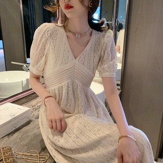 N97 Váy đầm maxi dài bo tay cổ V ulzzang hàn quốc 2023 chiết eo tạo kiểu siu xinh 2 lớp