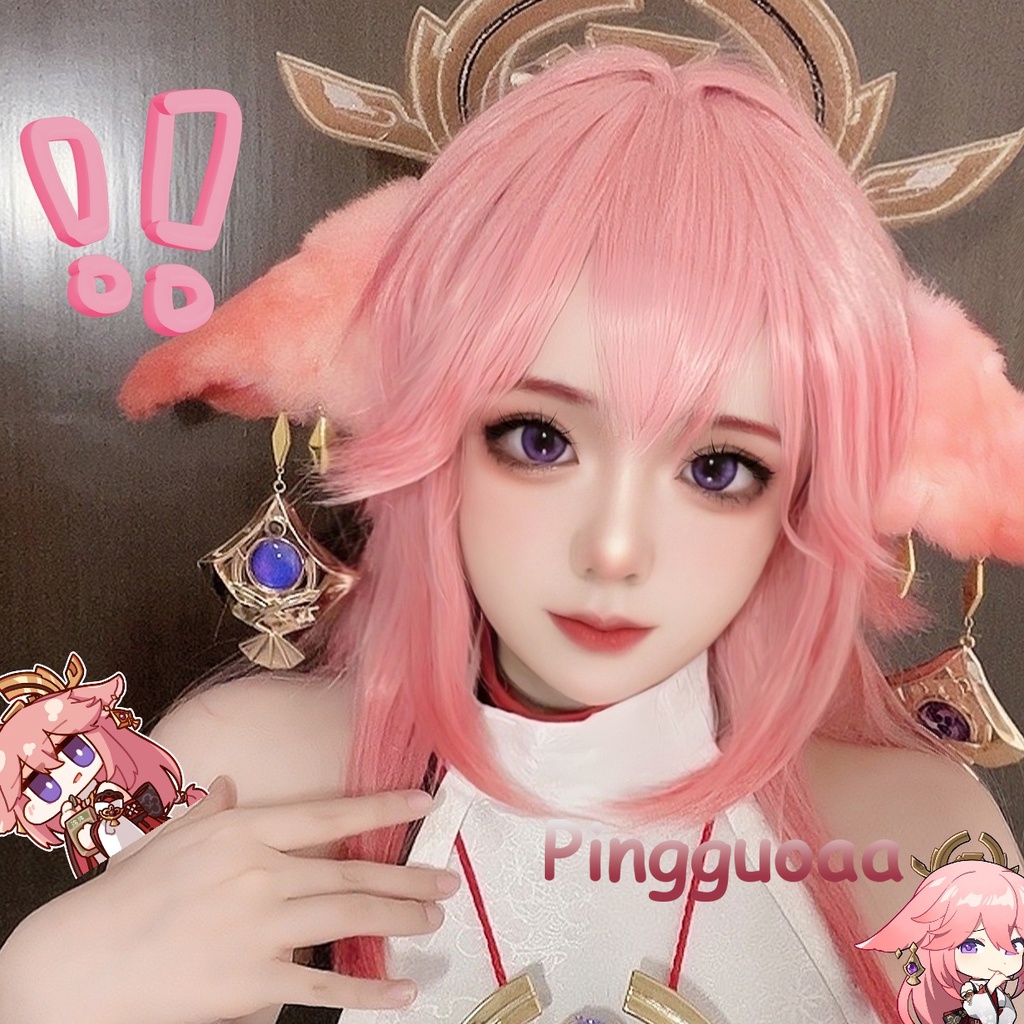 AOI Genshin Impact Yae Miko Cosplay Wig 100cm Long Pink Gradient Hair Heat Resistant Synthetic Wigs