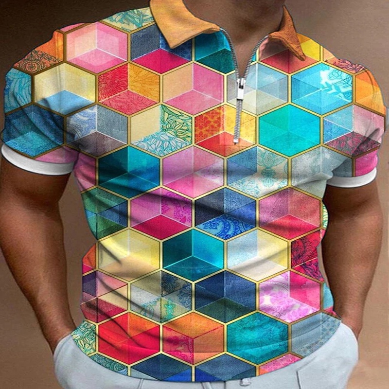 Áo Thun Polo Có Khóa Kéo In Lăng Kính 3D Nhiều Màu Sắc Dành Cho Nam