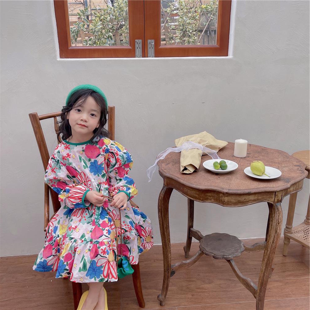 Váy hoa in cổ tròn mùa hè cho bé gái tay bồng công chúa