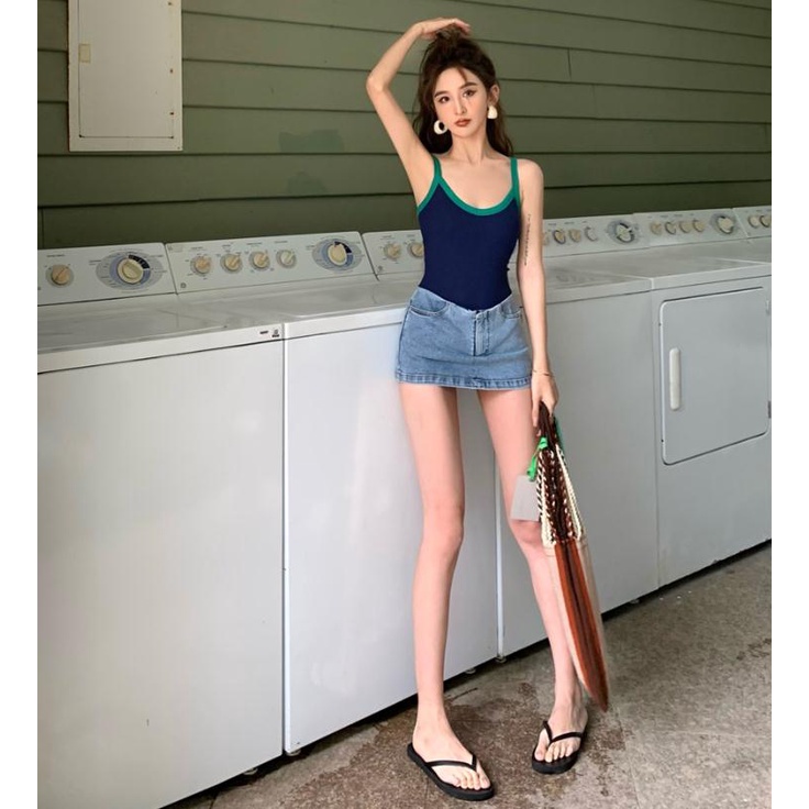 Áo Có Mút Đệm Ngực Màu Sắc Tương Phản Độc Đáo Phong Cách Pháp Thời Trang Mùa Hè Cho