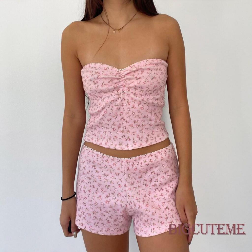 Set Đồ 2 Món Gồm Áo Crop Top Hai Dây In Hoa + Quần Ngắn Dễ Thương Cho Nữ
