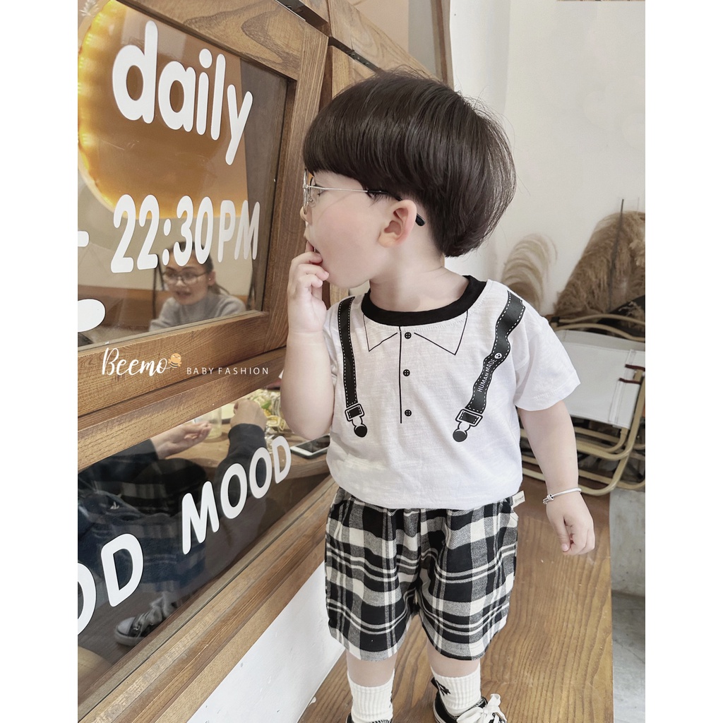 Bộ cộc tay công tử cho bé trai Beemo,Chất liệu áo cotton xược, quần kẻ thô mềm mại,hình in đai áo lịch lãm B267