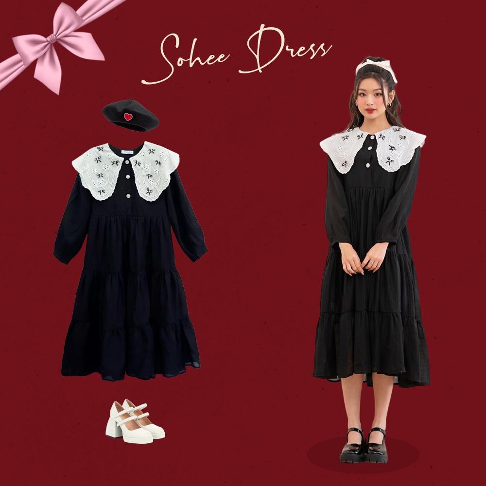 BLEUBIRD Váy suông xòe dài cổ ren đính nơ Sohee Dress