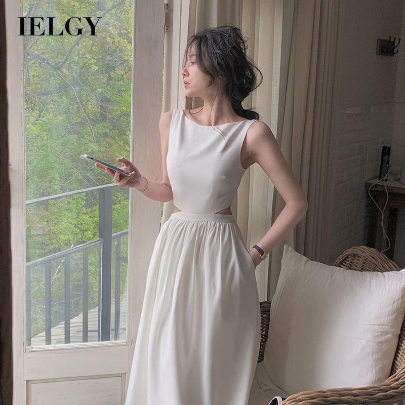 IELGY  Đầm Không Tay Hở Vai Phong Cách hepburn Cao Cấp Dành Cho Nữ