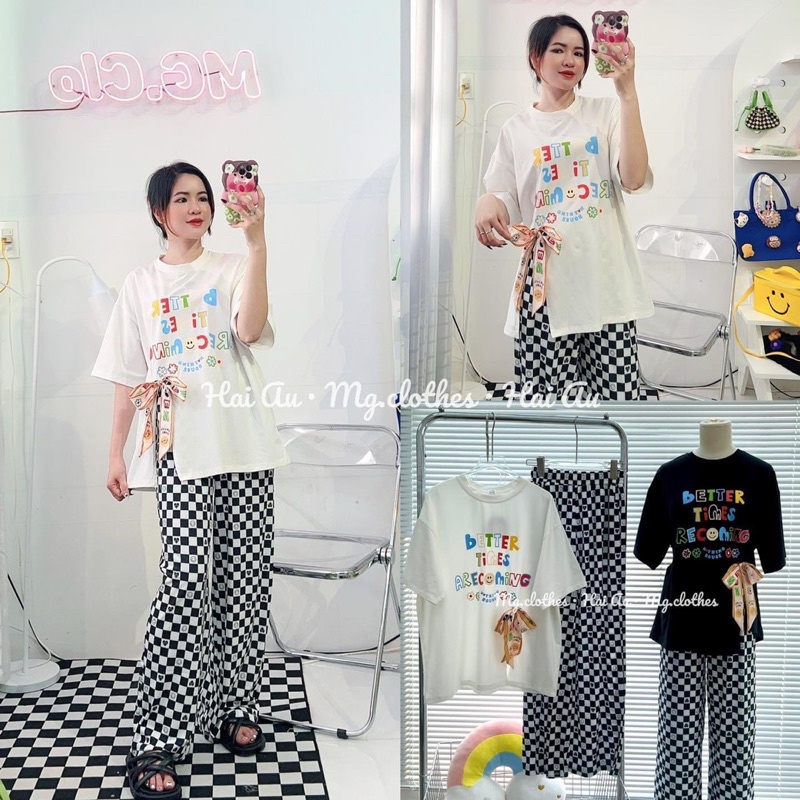 [ 𝐅𝐑𝐄𝐄 𝐒𝐇𝐈𝐏 ] Set áo phông mặt cười nơ cài mix quần suông caro hot hit Áo cotton tàu mềm đẹp, xẻ hông chuẩn mẫu