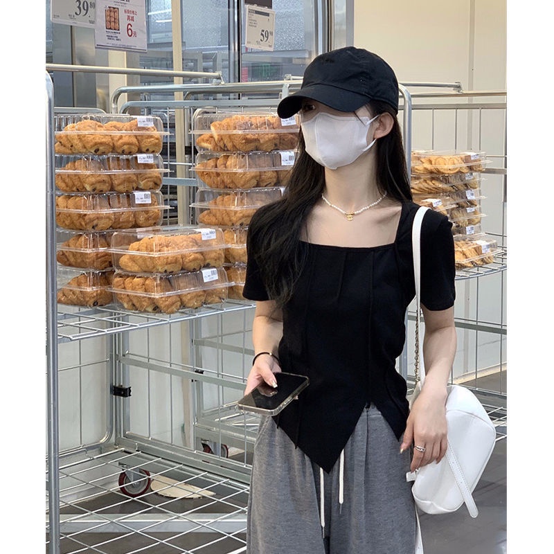 COZOKC COZOK Áo Thun Tay Ngắn Cổ Vuông Màu Trơn Thiết Kế Xẻ Tà Độc Đáo