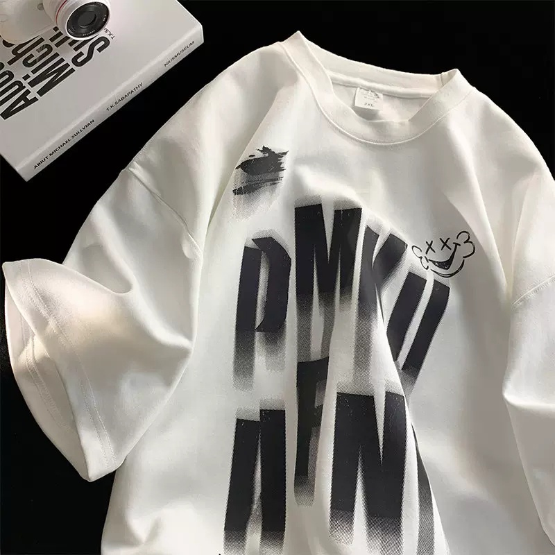 Áo Thun Kaki Ngắn Tay Dáng Rộng In Chữ Màu Nhuộm Thoải Mái Thời Trang Mùa Hè Cho Nam