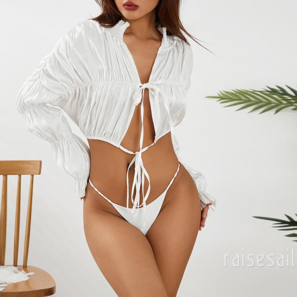 Áo Croptop Tay Phồng Dài Màu Trơn Cột Dây Thời Trang Xinh Xắn Cho Nữ
