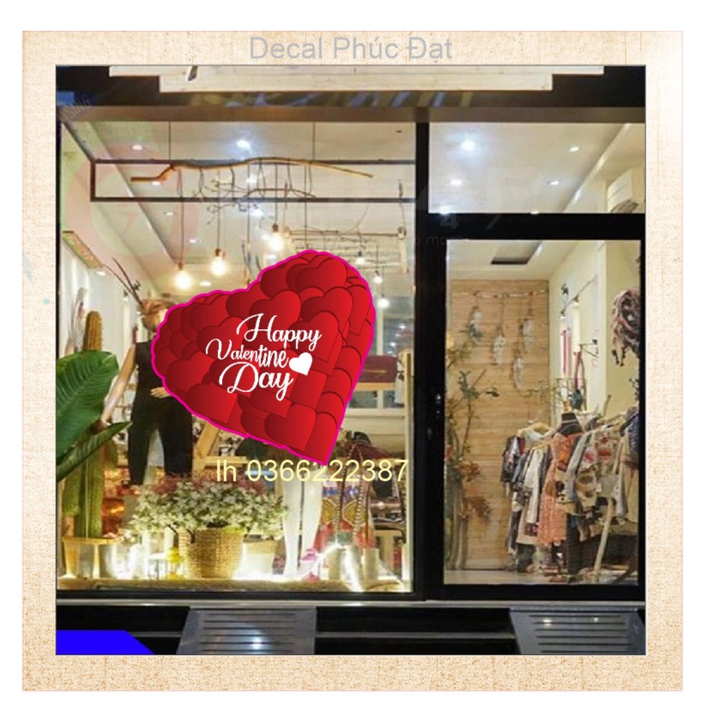 (size lớn) Decal hình trái tim kèm chữ happy valentine day dán cửa kính, dán tường, dán xe (sl: 1 hình)