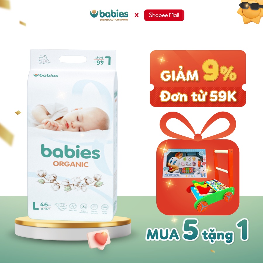 Combo 5 bịch Tã Quần Babies Organic M54 L50 XL46 XXL40 XXXL38