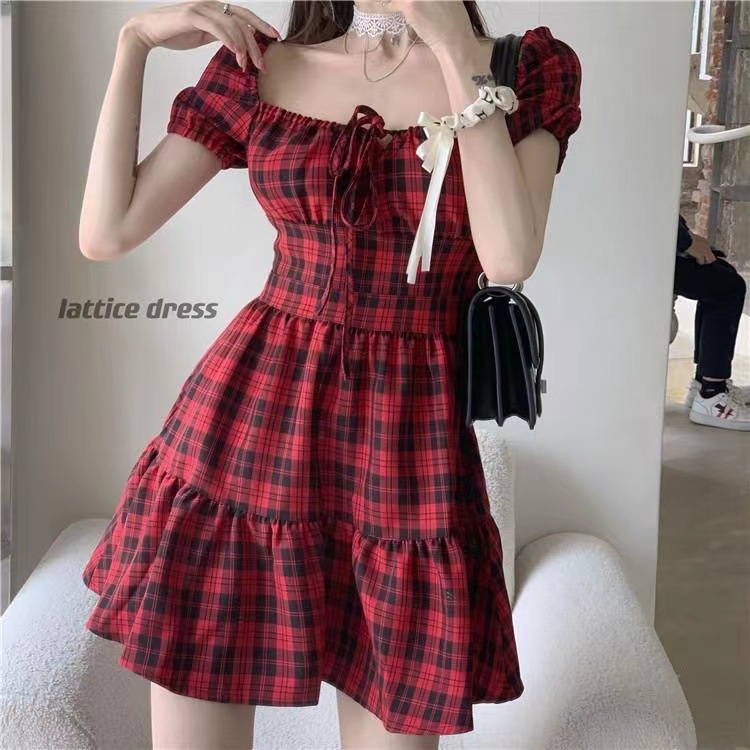Đầm Tay Phồng Họa Tiết Sọc Caro Màu Đỏ Thời Trang Mùa Hè Phong Cách Pháp Cổ Điển Mới Cho Nữ