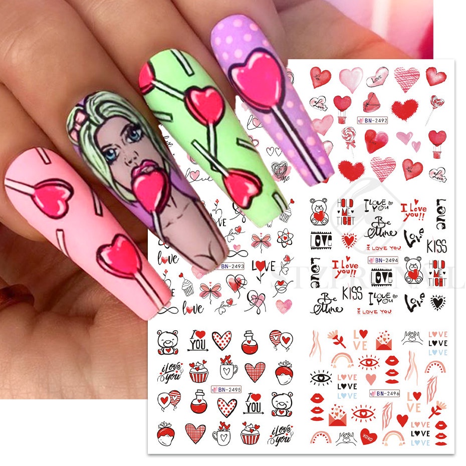 Set 12 đề can nước STZPRONAIL hình kẹo/ trái tim màu hồng dễ thương dùng trang trí móng nghệ thuật