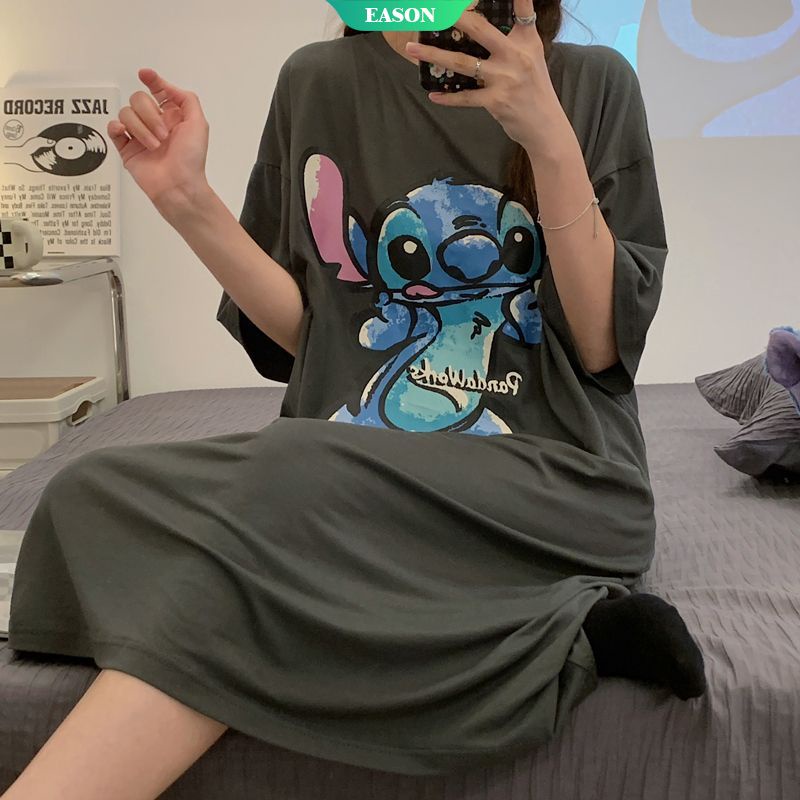 Đầm Ngủ Tay Ngắn Dáng Rộng In Hoạt Hình Stitch Nhật Bản Thời Trang Mùa Hè 2023