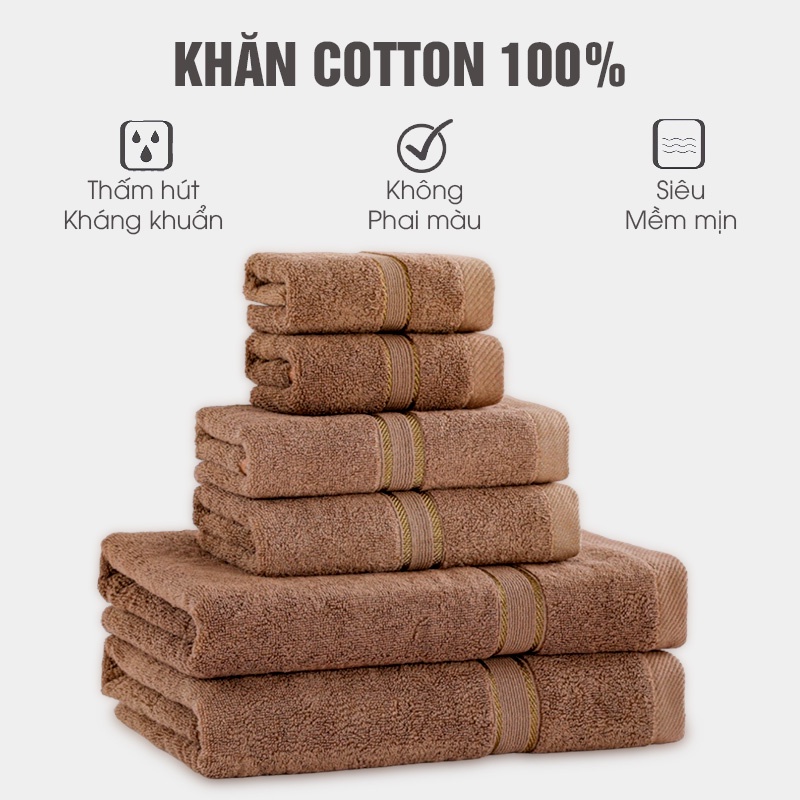 Combo 6 khăn 2 khăn tắm 70x140cm 2 khăn gội 35x80cm và 2 khăn lau mặt 30x50cm chất liệu 100% cotton