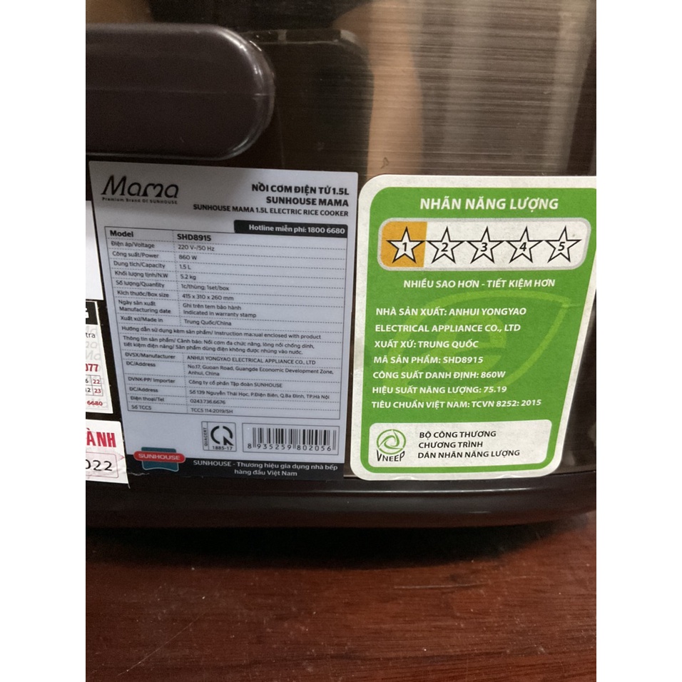 Nồi cơm điện tử Sunhouse mama 1.5 lít SHD8915 - Hàng trưng bày