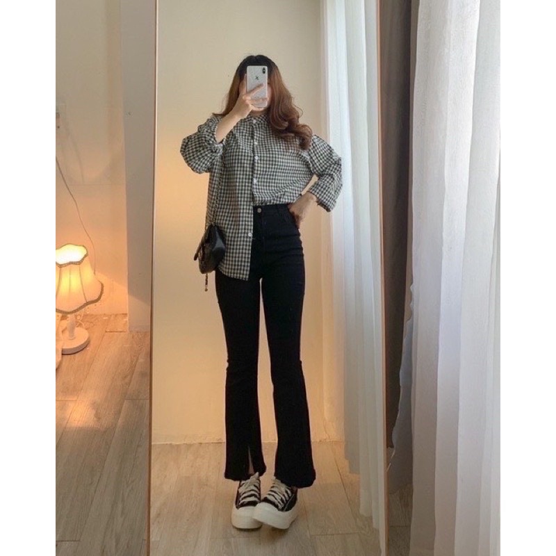 Quần Skinny Ống Loe Xẻ Gấu Chất Jeans Giấy   Quần Ống Loe Dáng dài Chất đẹp