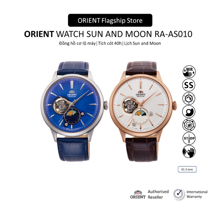 Đồng hồ cơ nam Orient Watch Sun And Moon RA-AS010 lộ máy mặt kính cường lực chống xước dây da đeo tay chính hãng