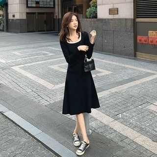[Kèm hình thật] Đầm đen đầm midi cổ viền màu dài tay