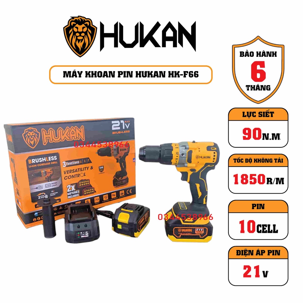 Máy khoan pin HUKAN HK-F66 lực siết 90N.m động cơ không thổi than 3 chức năng