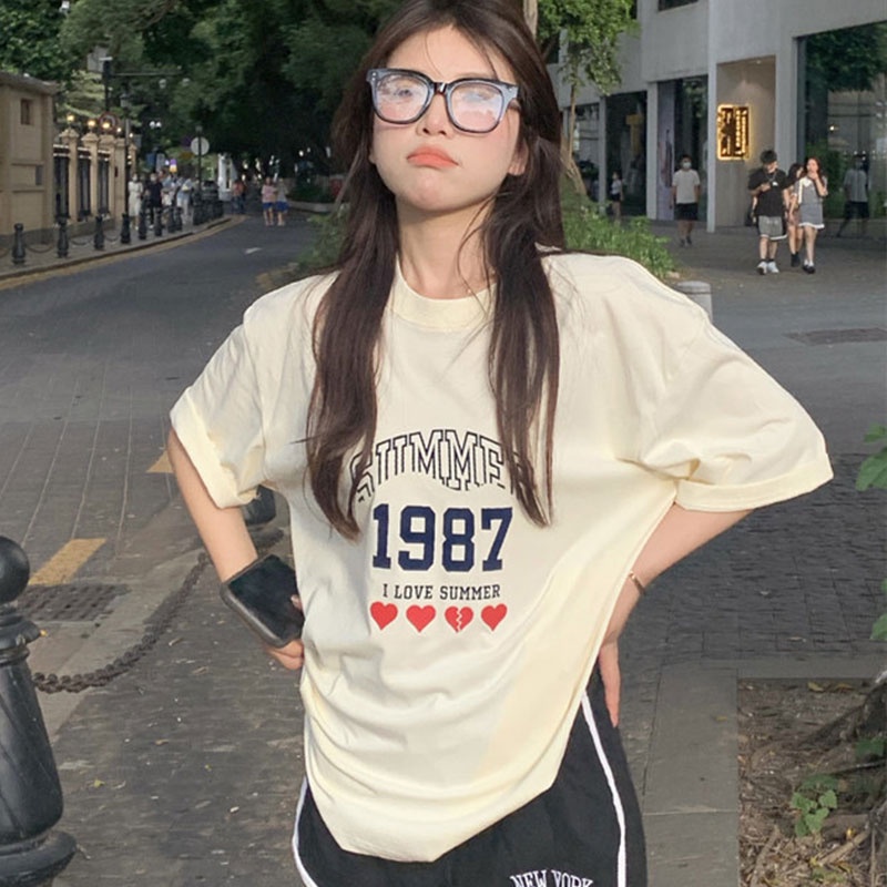 Áo thun nữ XINLANYASHE cổ tròn ngắn tay in chữ thời trang 2023