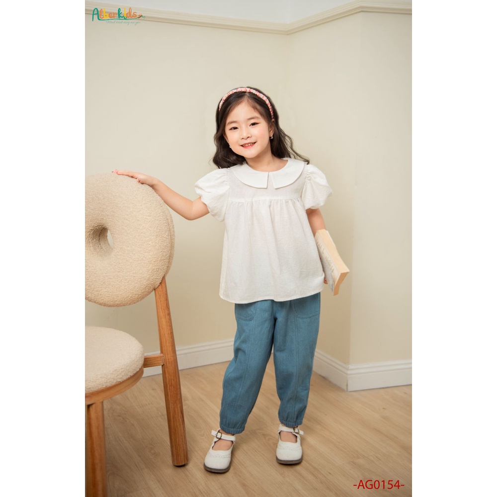 Áo sơ mi cho bé gái ALBER KIDS trắng cổ cánh sen công chúa xinh đẹp cho trẻ em 2,3,4,5,6,7,8,9,10,11,12 tuổi AG0154