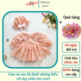 Set váy bé gái sơ sinh. bodysuit cho bé thiết kế hoa cam kèm mũ. đầm đầy tháng, body bé gái, váy sơ sinh
