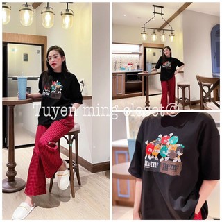 B644- set áo phông đen chữ m quần kẻ đỏ
