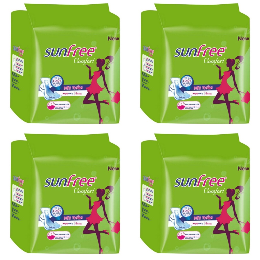 Bộ 4 bịch Băng vệ sinh có cánh Sunfree Comfort siêu thấm 8 miếng