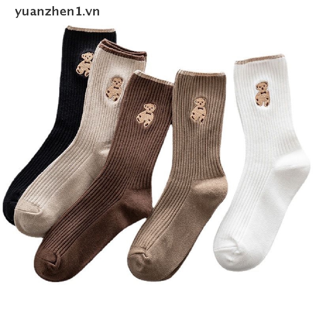 Vớ Cotton Màu Trơn Thêu Hình Gấu Dễ Thương Phong Cách Nhật Bản Cho Nữ