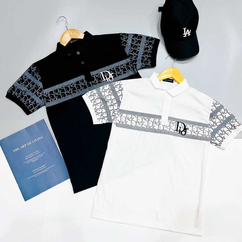 Áo thun polo nam ngắn tay vải cotton kháng khuẩn form ôm body in hoạ tiết DR mầu đen trắng | BigBuy360 - bigbuy360.vn