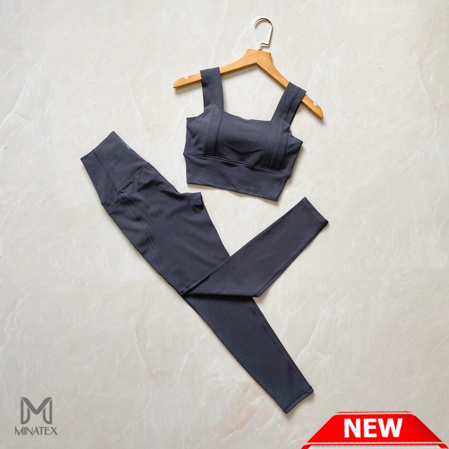 Minatex - Set thể thao tập gym yoga cho nữ áo bra 2 dây bản to quần dài có túi áo nâng đỡ vòng 1 cực tốt chất dày êm ái
