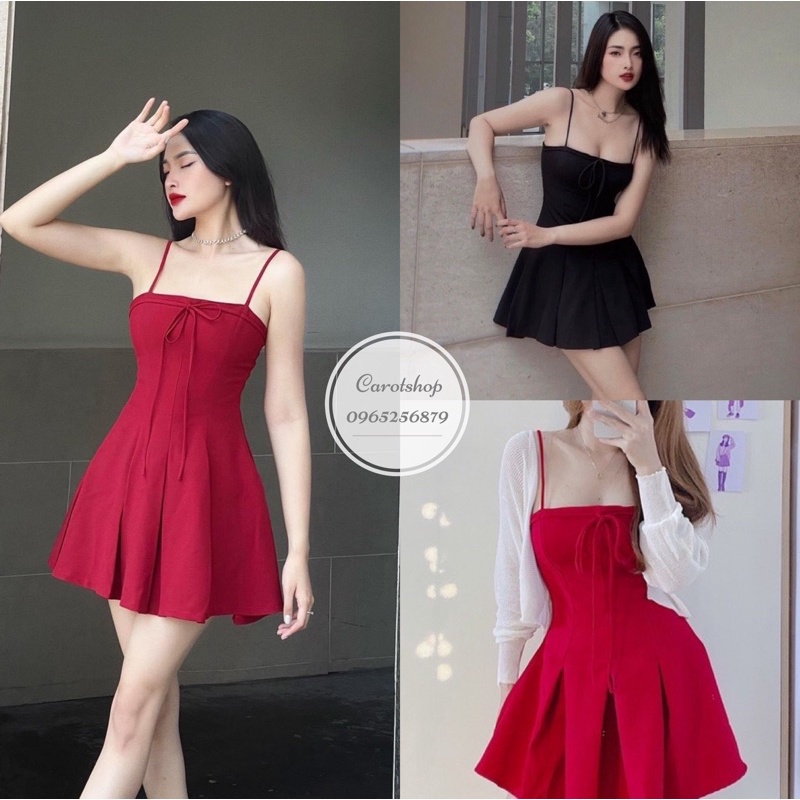 Đầm thiết kế tiểu thư, đầm 2 dây xoè năng động , đầm xoè freesize cột nơ ( đen, đỏ )