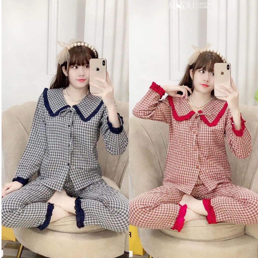 Đồ bộ pyjama bộ ngủ tay dài họa tiết kẻ caro cổ bèo tiểu thư cao cấp