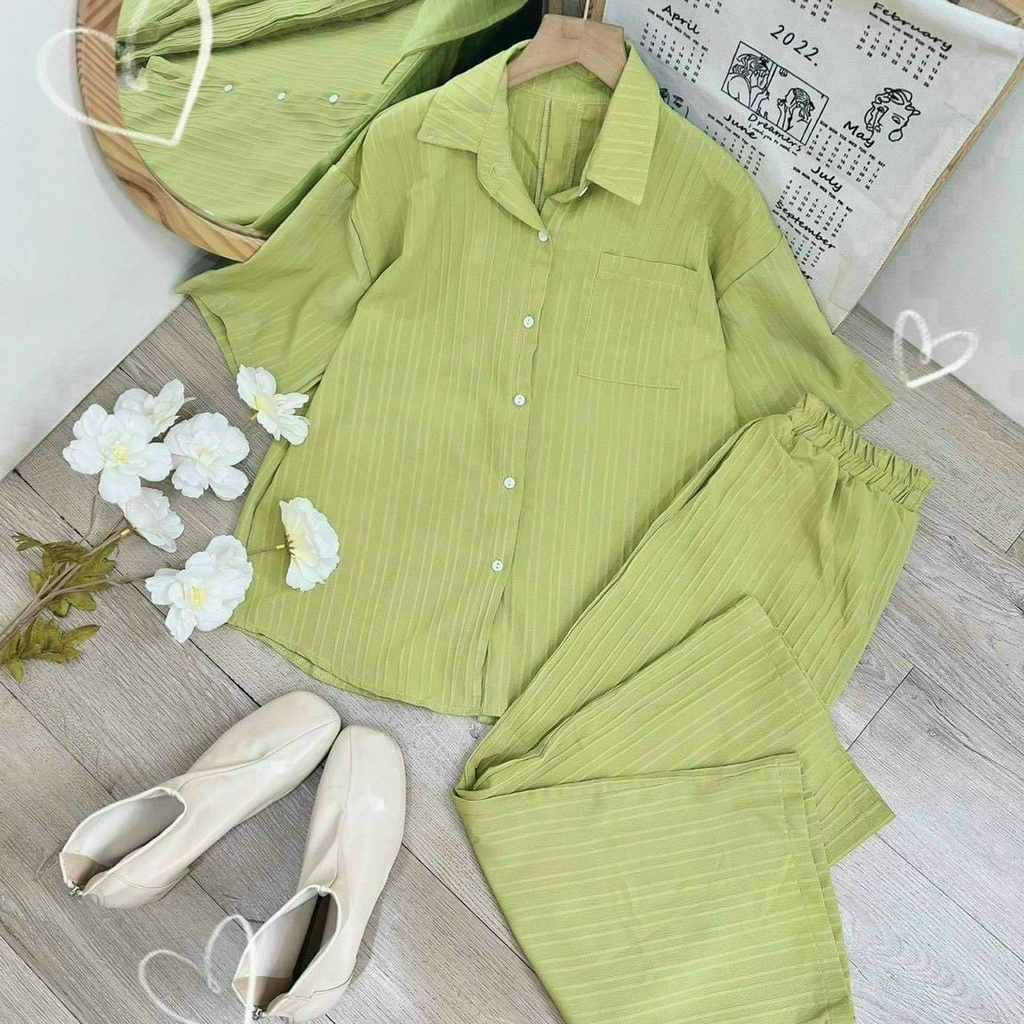 Set đồ bộ áo somi phối quần ống sành điệu như mẫu mặc đi chơi thoải mái phong cách