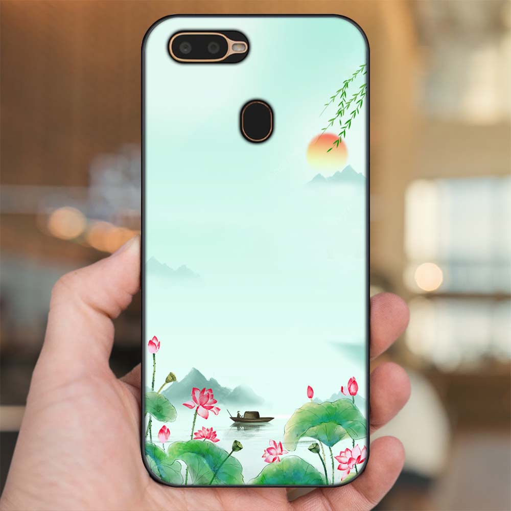 Ốp lưng Oppo A5S, A7, A12, F9 viền đen in hình Hoa Sen Hoa Đẹp