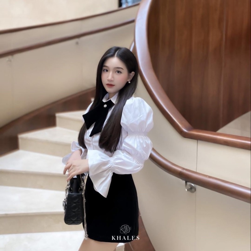 [ 𝐅𝐑𝐄𝐄 𝐒𝐇𝐈𝐏 ] Sét sơmi thiết kế nhún tay  Áo chất thô sơmi lên form điệu, cổ có dây chéo nơ chất nhung, có thể tháo rời