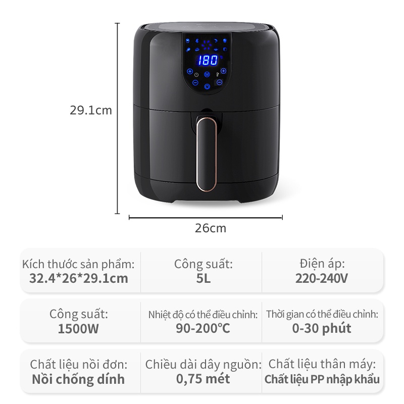 INSSA Nồi chiên không dầu kiểu mới công suất lớn 5L, đa năng thông minh, chiên nướng không dầu KQZG005