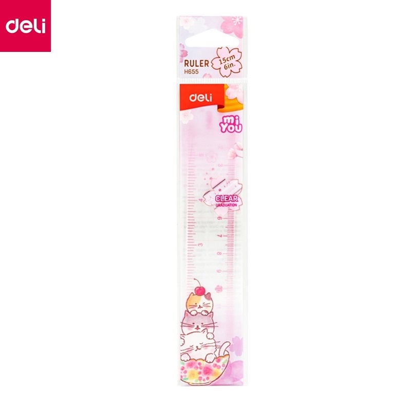 Thước kẻ  hình vẽ cute dễ thương 15cm Deli 655 xanh/ hồng