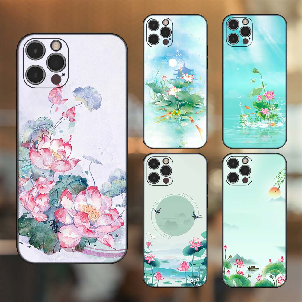 Ốp lưng iPhone 12 Pro dẻo đen cạnh vuông in hình Hoa Sen Hoa Đẹp