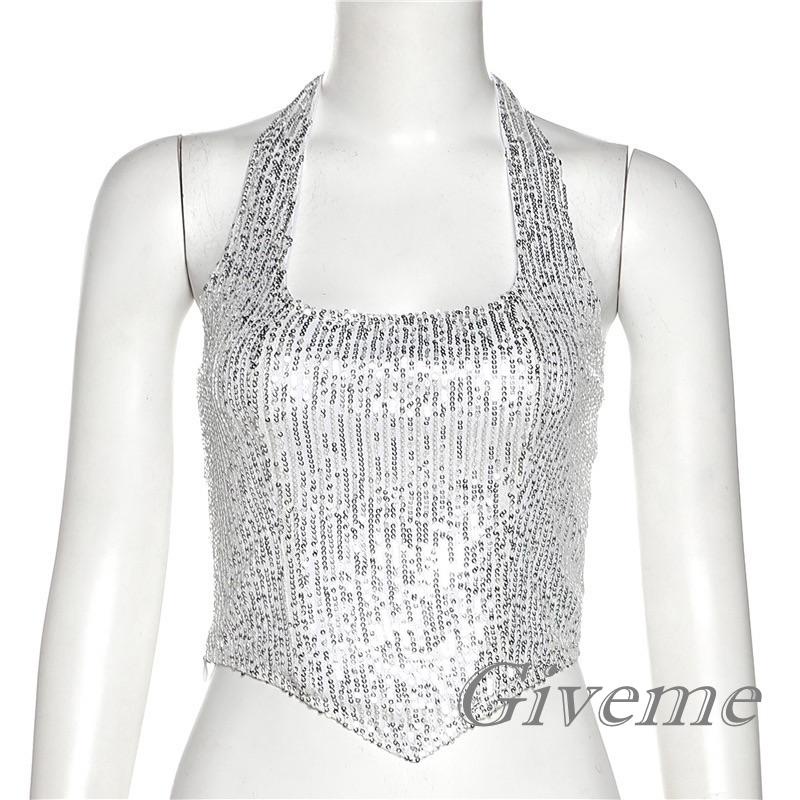 Áo Lửng Hai Dây Cổ Yếm Hở Lưng Đính Sequin Lấp Lánh Thời Trang Mùa Hè Dành Cho Nữ