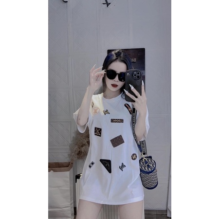 Áo phông in kín nhiều LV fom thụng unisex chất cton khô 3158
