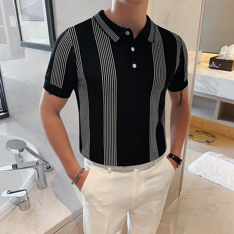 GUCCI Áo Thun POLO Dệt Kim Tay Lỡ Họa Tiết Kẻ Sọc Dọc Phong Cách Hàn Quốc Thời Trang Mùa Hè Cho Nam