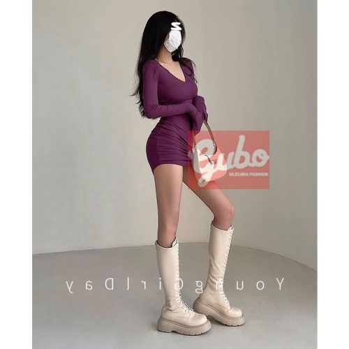 Váy dài tay tím đậm phong cách spice hot Đầm nữ tím đậm dáng dáng ôm cổ chữ V gợi cảm ulzzang GUBO7907