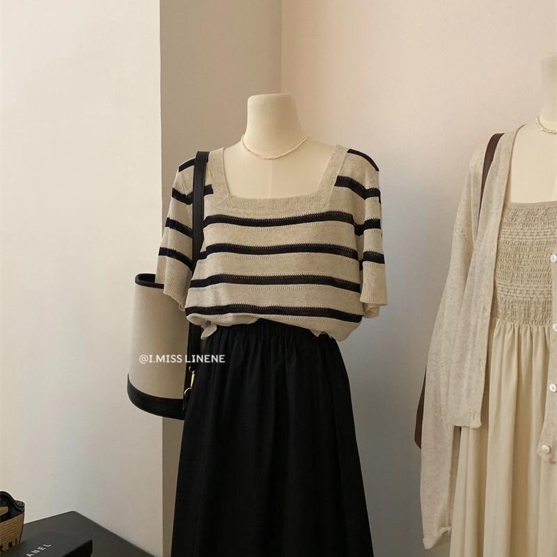 Áo Thun Tay Ngắn Cổ Vuông Họa Tiết Kẻ Sọc Thời Trang Mùa Hè 2022 Phong Cách Hong Kong Hàng Mới Dành Cho Bạn Nữ