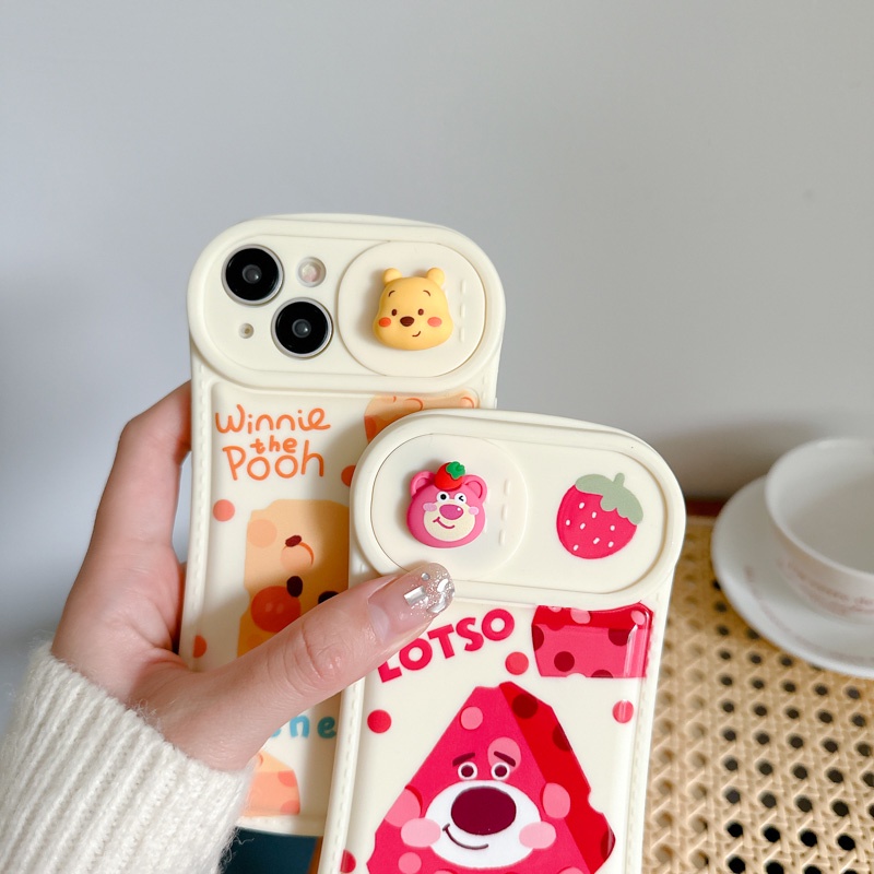 Ốp Điện Thoại Dày Chống Sốc Có Nắp Trượt Bảo Vệ Camera In Hình Gấu Dâu Tây Dễ Thương Cho iPhone 11 12 Pro Max X XS XR XSMAX
