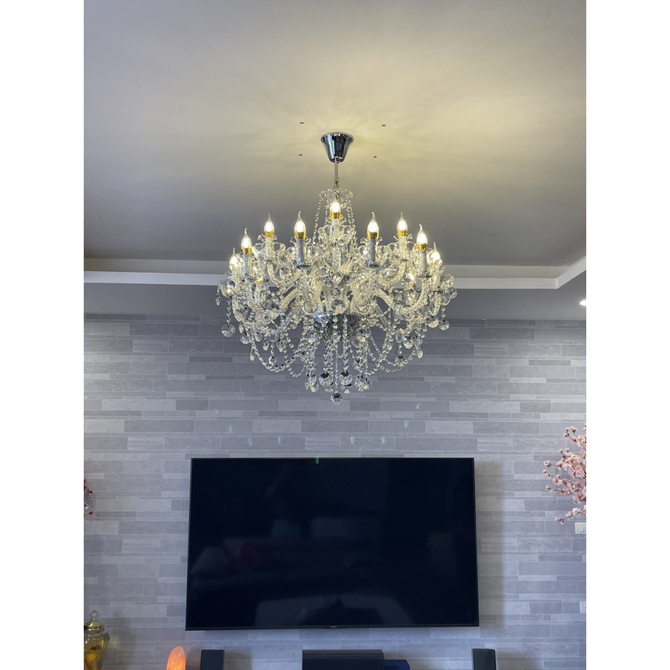Đèn chùm nến pha lê 15 tay phong cách hiện đại trang trí phòng khách sang trọng tặng kèm bóng Led
